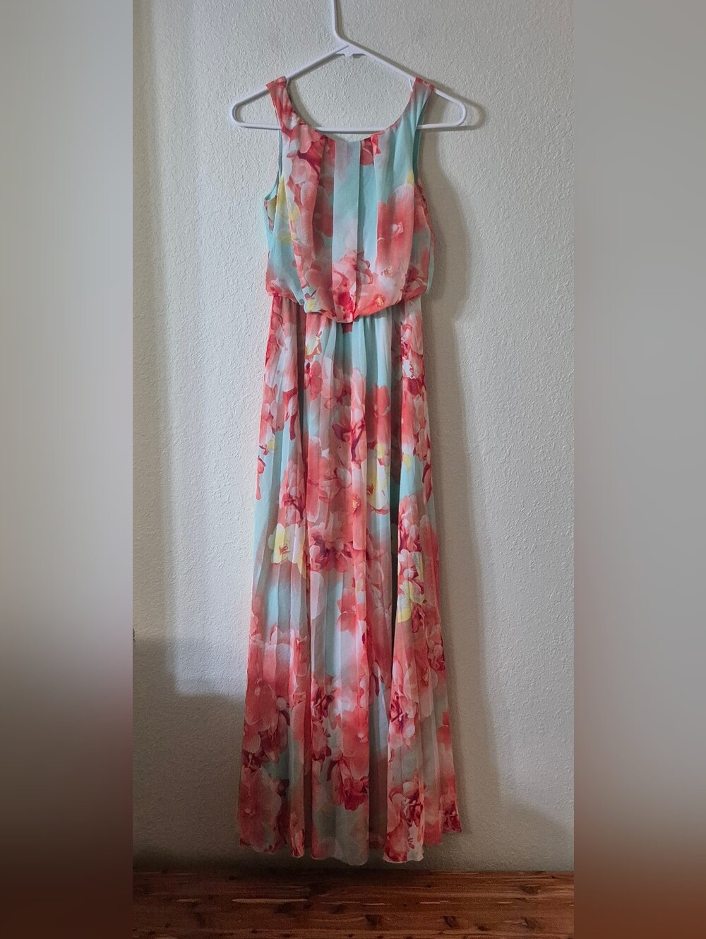 B Darlin Coral & Aqua Floral Chiffon Maxi Dress
